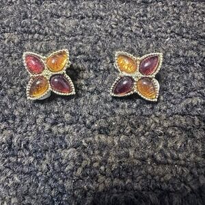 Vintage Lucite Rhinestone Clip On Gold Tone Metal Brown‎ Cabachon